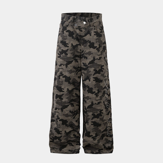 Y2K Vintage Wide Leg Pants | Camouflage Straight Denim Jeans - Santo 