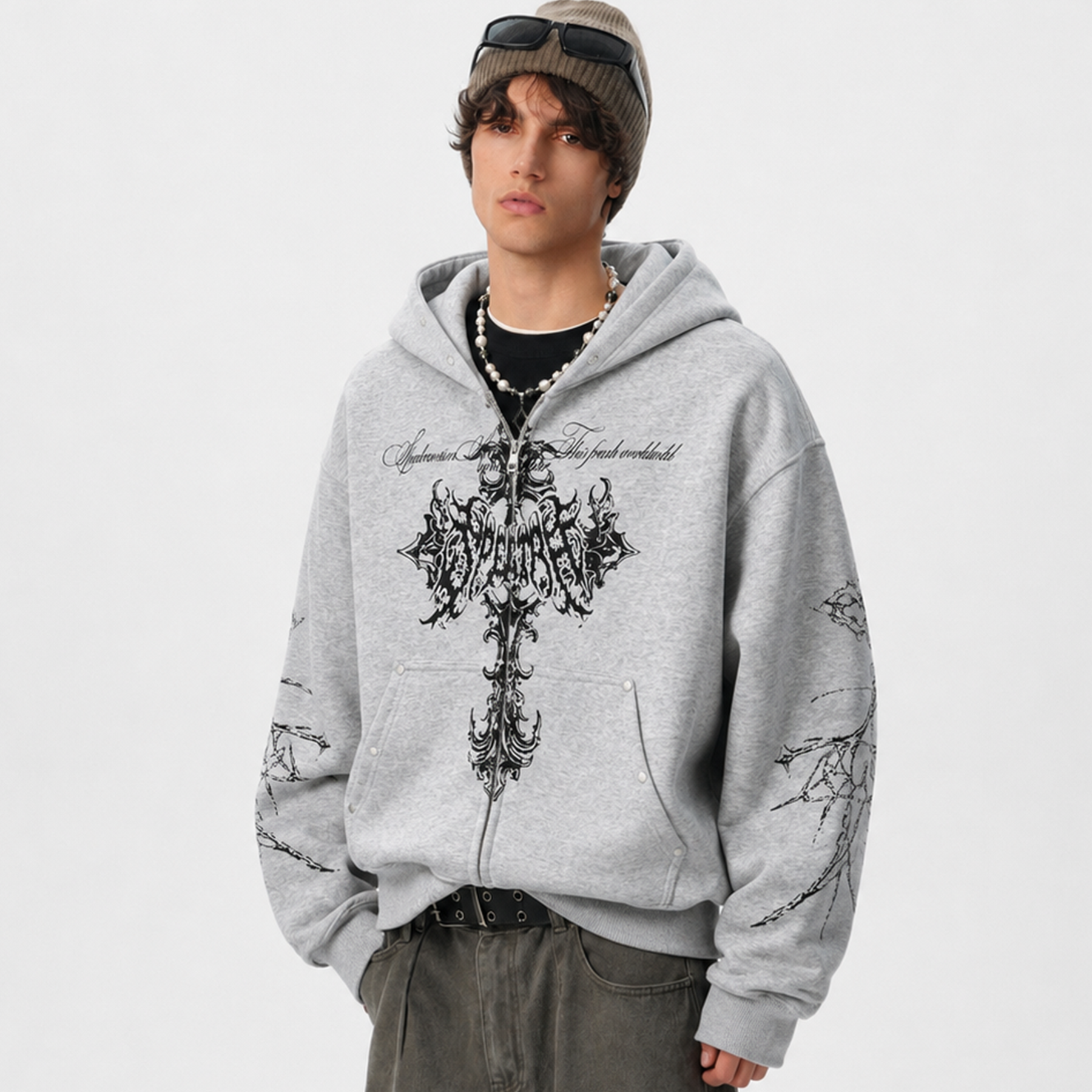 Street Wasteland Washed Cross Print Zip Up Jacket - Santo 