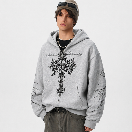 Street Wasteland Washed Cross Print Zip Up Jacket - Santo 