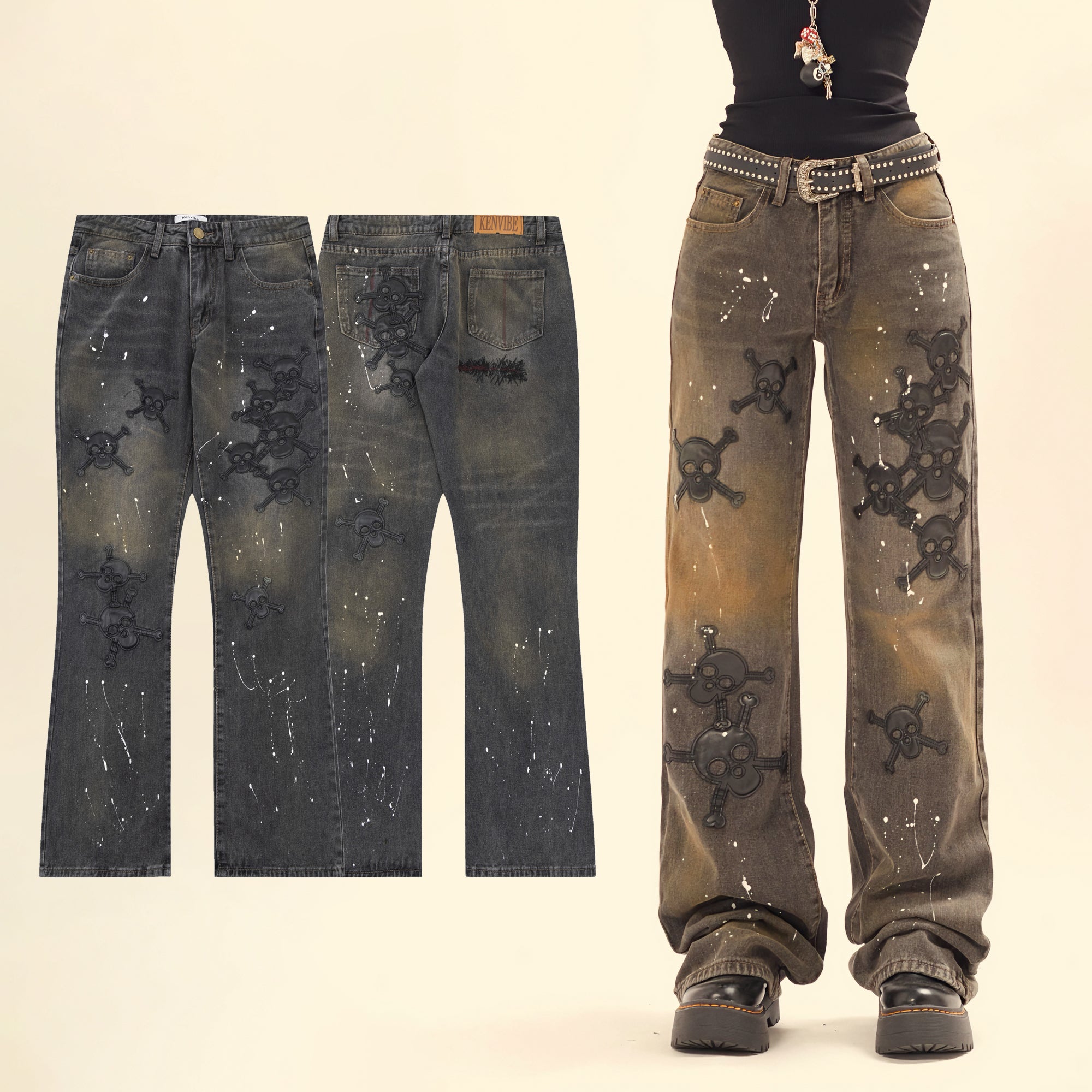 Jeans streetstyle vintage con motivi a teschio e graffiti