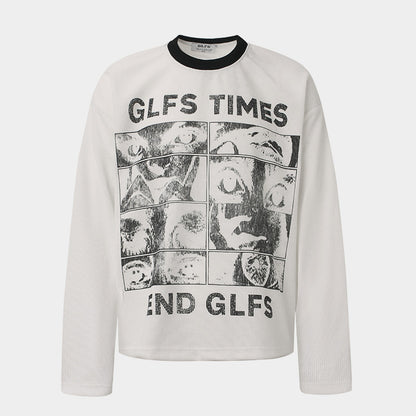 Letter Print Sweatshirt | Waffle Knit Long Sleeve Top - Santo 