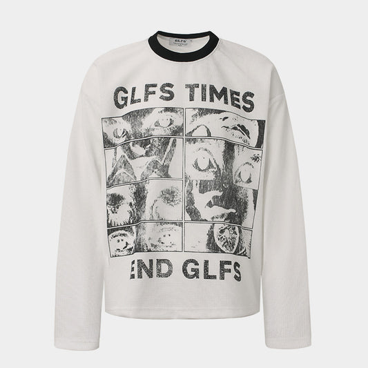 Letter Print Sweatshirt | Waffle Knit Long Sleeve Top - Santo 