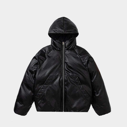 Leather Hooded | Zip-Up Puffer Jacket