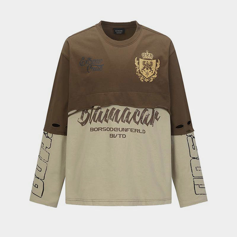 Y2K Grunge Patchwork Top | Distressed Graphic Long Sleeve Shirt - Santo 