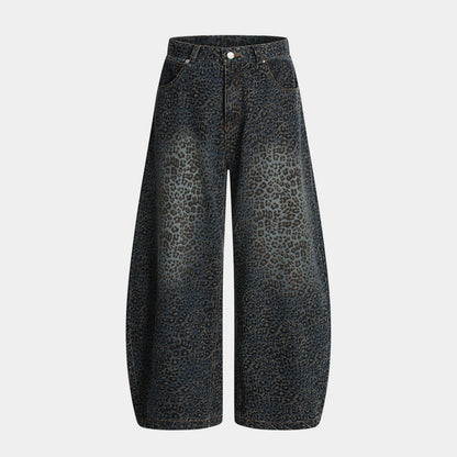 Leopard Print Barrel Jeans | Wide Leg High Rise Streetwear Denim - Santo 