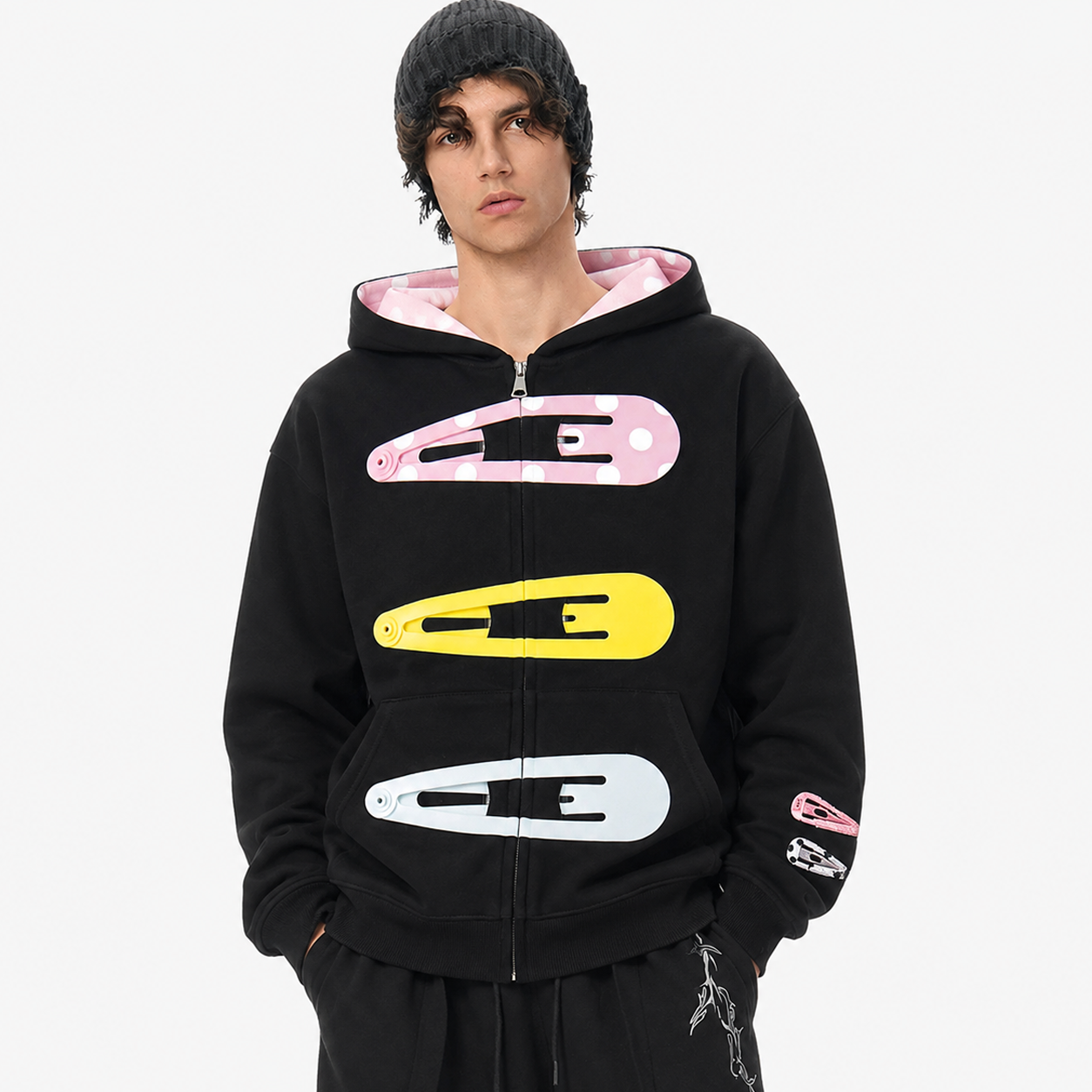 Detachable Hair Clip Decoration Zip Up Hoodie - Santo 