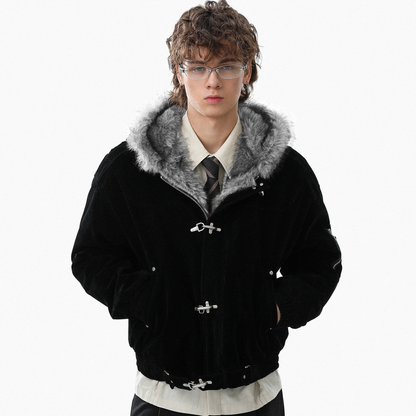 Streetwear Metal Clip Faux Fur Hooded Suede Bomber Jacket - Santo 