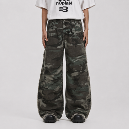 Retro Double Waist Camouflage Barrel Pants