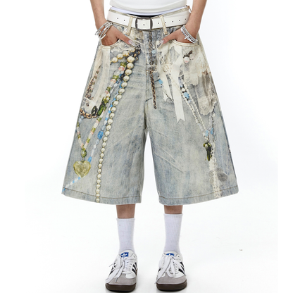 Jewelry Pearl Graphic Print 3D Effect Denim Shorts - Santo 