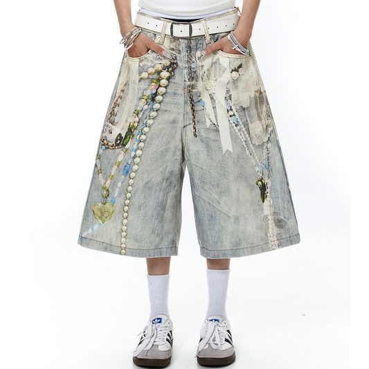 Jewelry Pearl Graphic Print 3D Effect Denim Shorts - Santo 