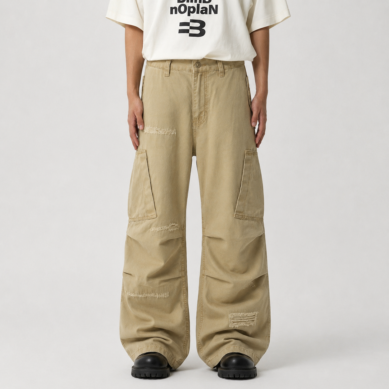 Cotton Hole Patch Pleated Multi-Pocket Cargo Casual Pants