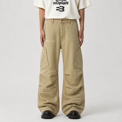 Cotton Hole Patch Pleated Multi-Pocket Cargo Casual Pants
