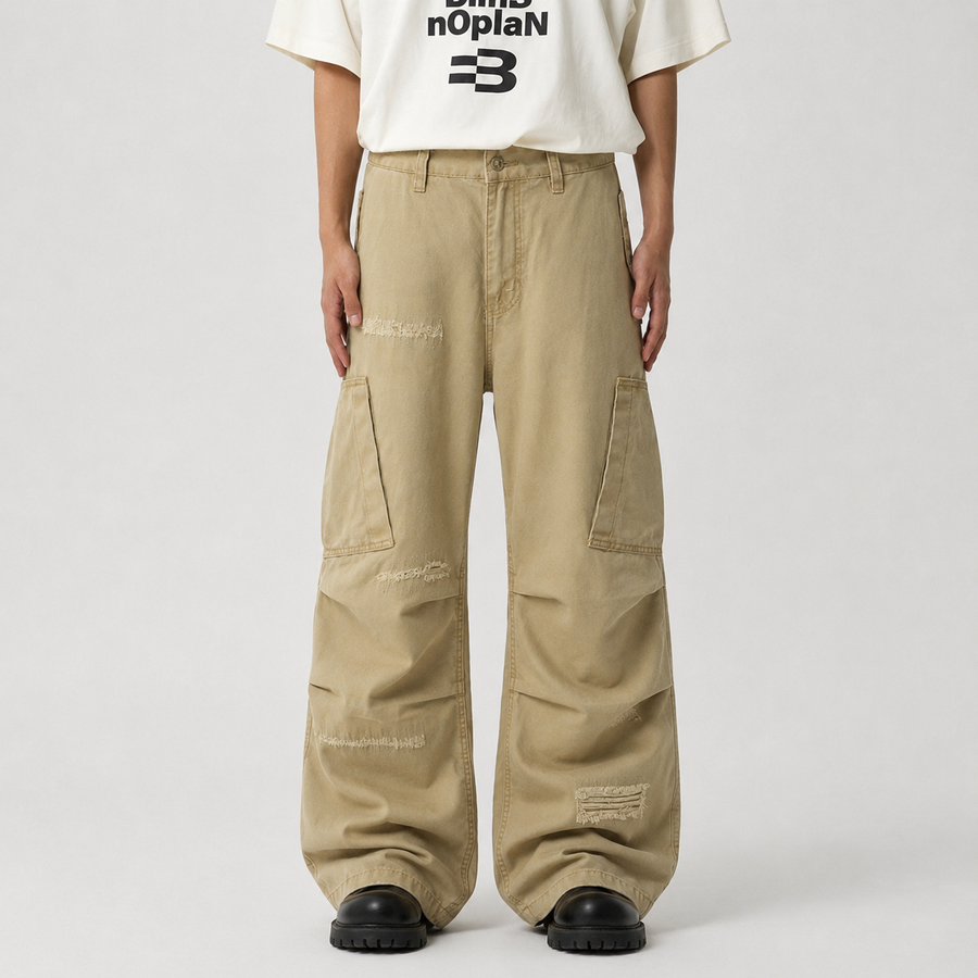 Cotton Hole Patch Pleated Multi-Pocket Cargo Casual Pants