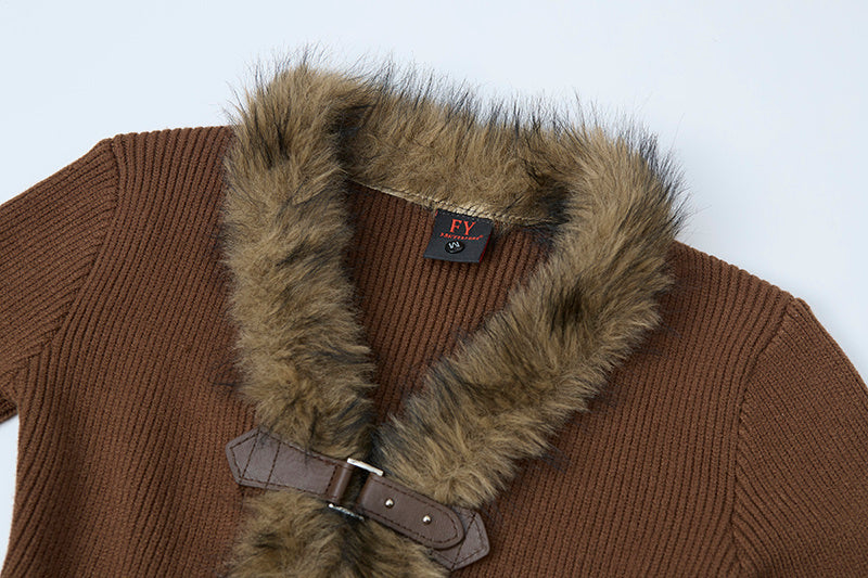 Buckled Fur | Knit Cardigan with Faux Trim - Santo 