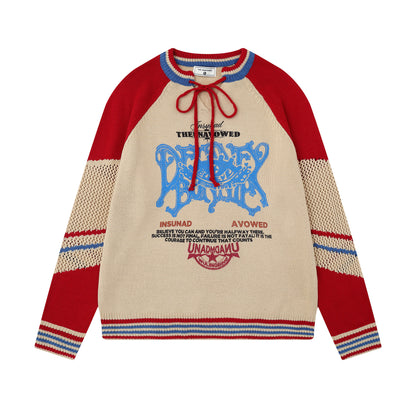 Graphic Script | Mesh-Sleeve Raglan Knit Pullover