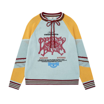 Graphic Script | Mesh-Sleeve Raglan Knit Pullover