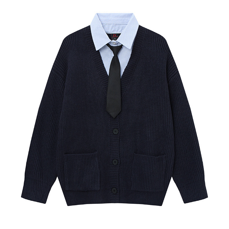 Prep Layer | Knit Cardigan with Shirt & Tie Detail