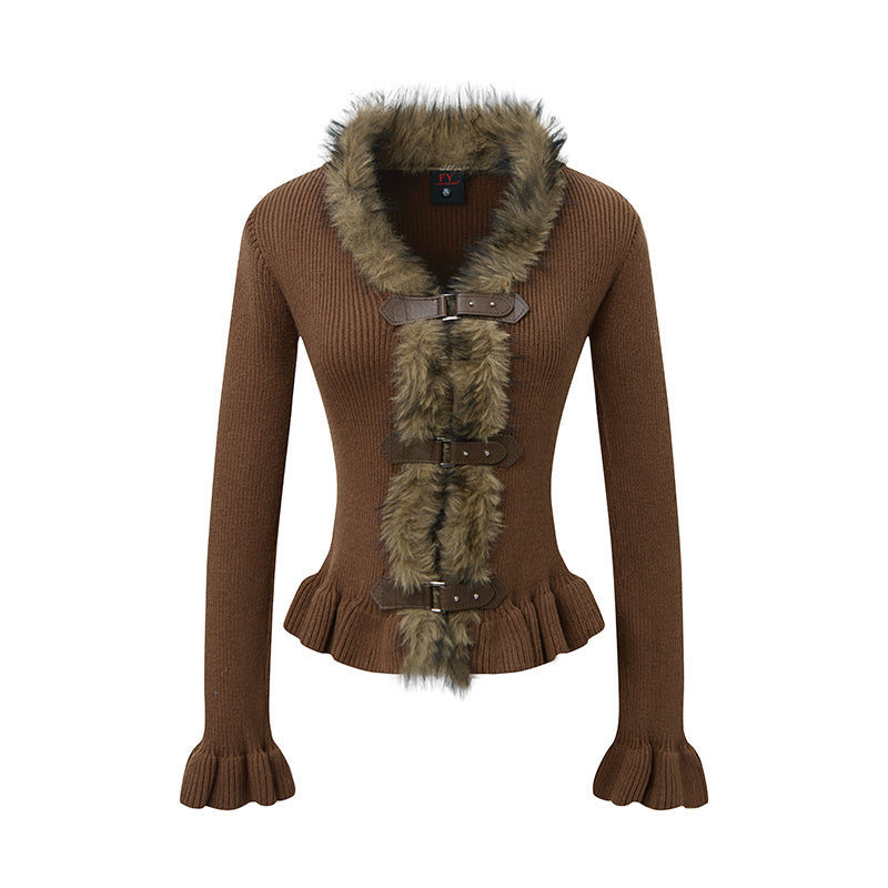 Buckled Fur | Knit Cardigan with Faux Trim - Santo 