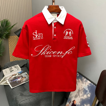 Contrast Collar Soccer Polo Shirt in red hanging front