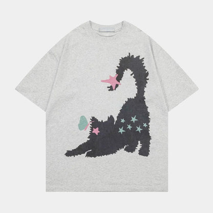 Star Cat Print Oversized T-shirt in grey variant front