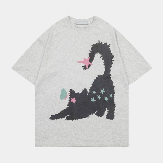 Star Cat Print Oversized T-shirt in grey variant front