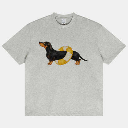 Dachshund Ruffle Illustration T-shirt in grey front main