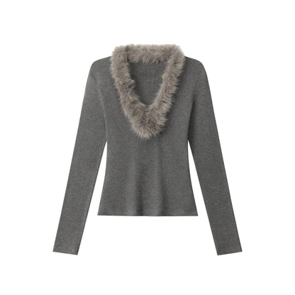 Fuzzy Vibe | Faux Fur Collar Knit Top