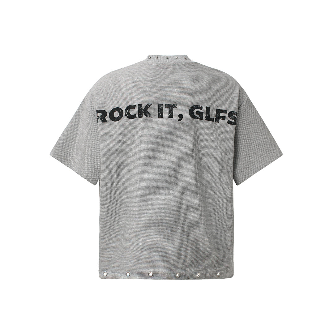 Oversized Newspaper Print Grommet Detail T-Shirt