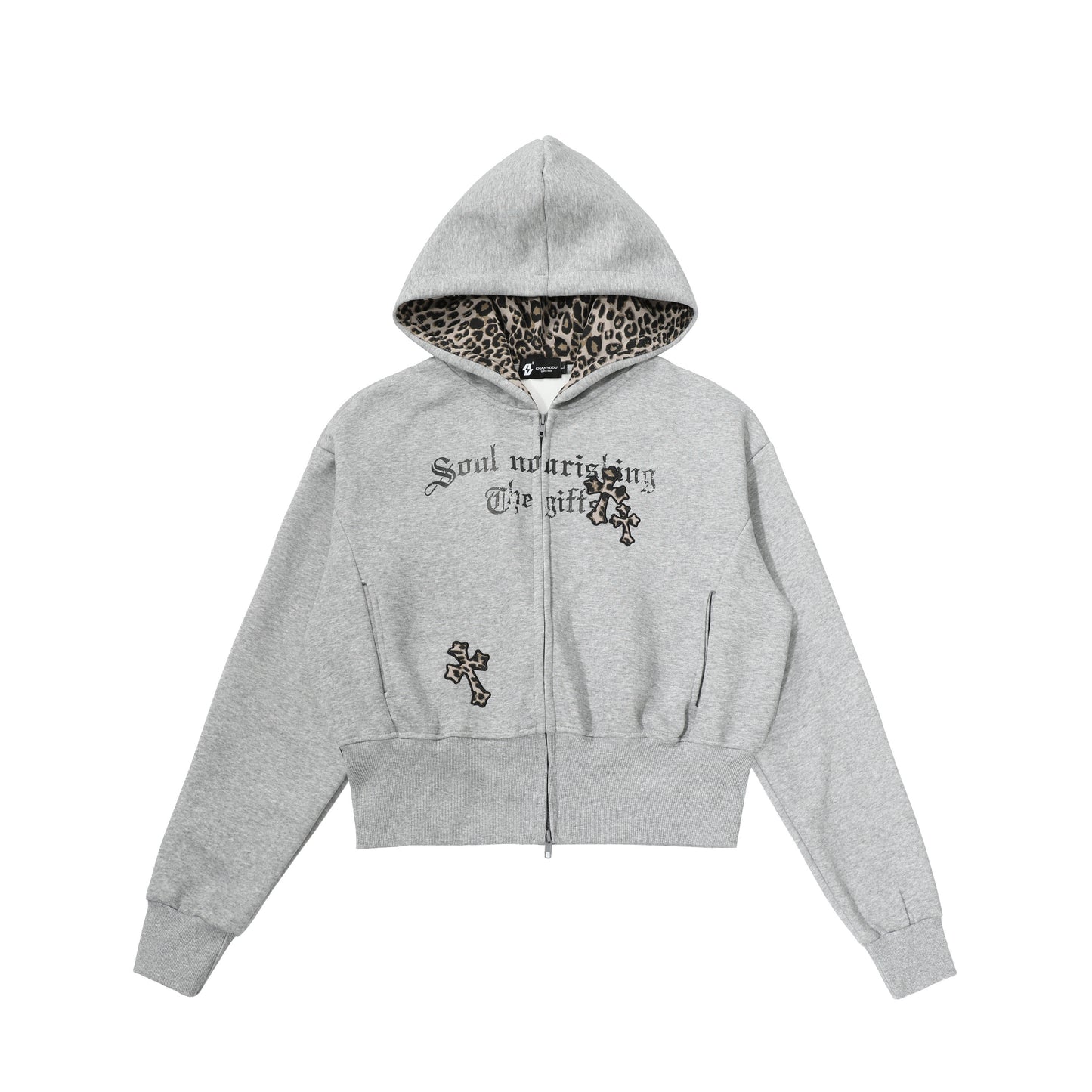CrossCharm | Gothic Zip Hoodie with Leopard Lining