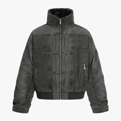 Vintage Distressed Pleated Shearling Collar Fleece Jacket - Santo 