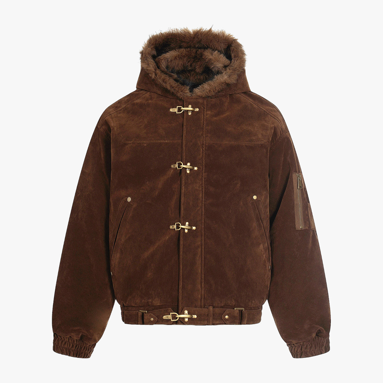 Streetwear Metal Clip Faux Fur Hooded Suede Bomber Jacket - Santo 