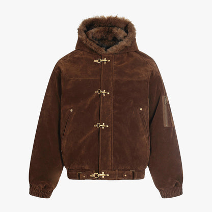 Streetwear Metal Clip Faux Fur Hooded Suede Bomber Jacket - Santo 