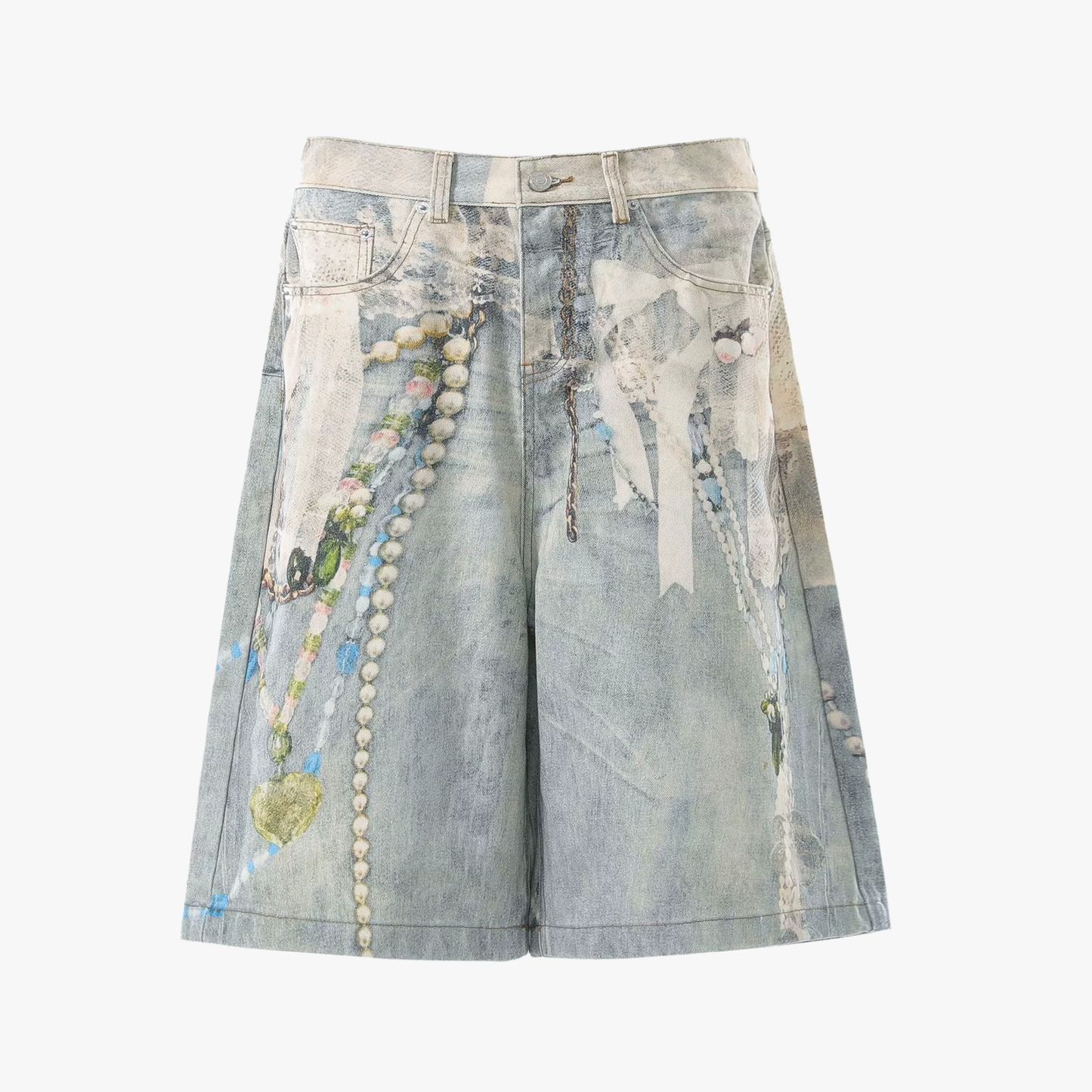 Jewelry Pearl Graphic Print 3D Effect Denim Shorts - Santo 