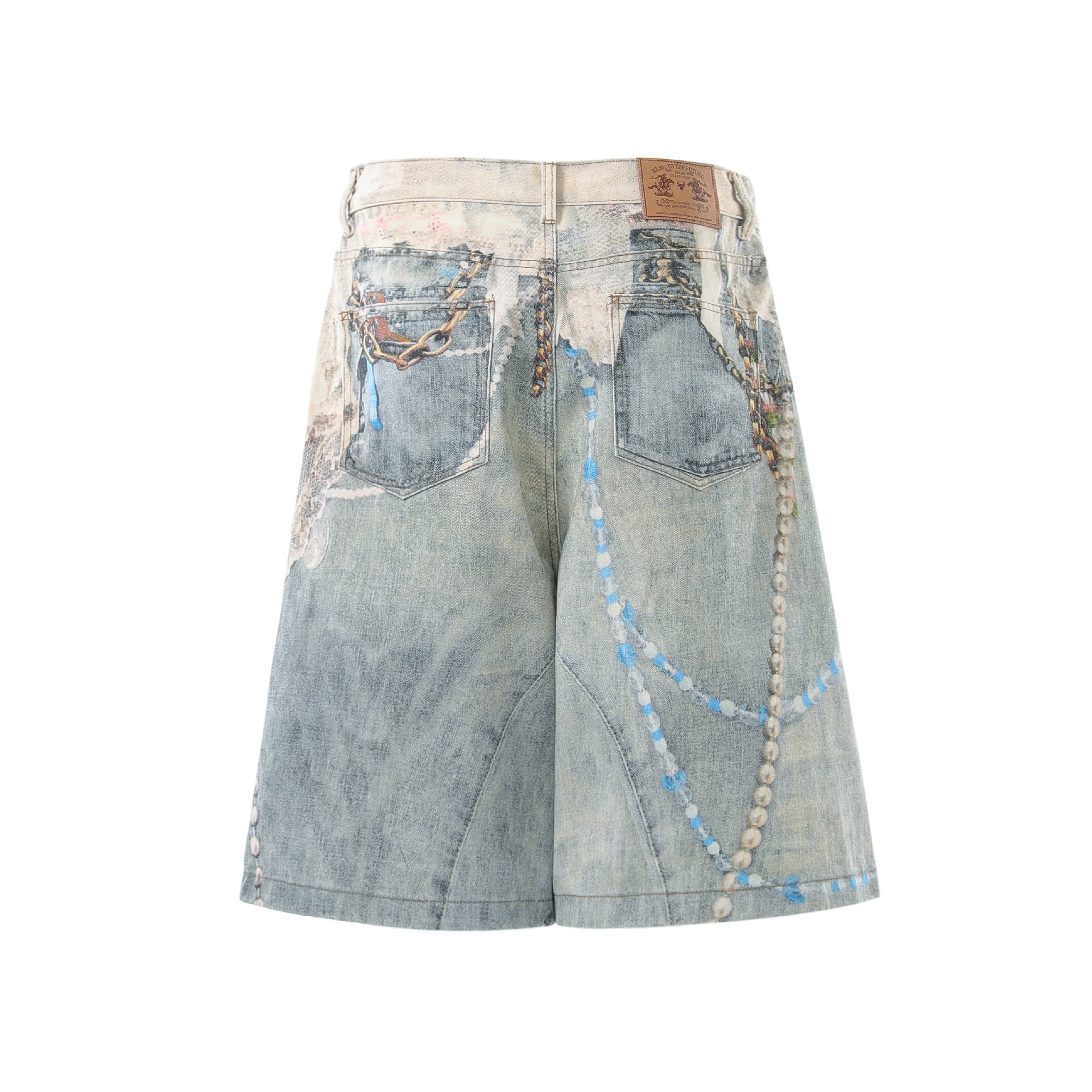 Jewelry Pearl Graphic Print 3D Effect Denim Shorts - Santo 