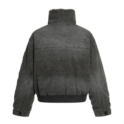 Vintage Distressed Pleated Shearling Collar Fleece Jacket - Santo 
