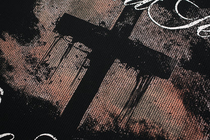 Gothic Cross Print Studded Collar Waffle Knit Graphic T-Shirt