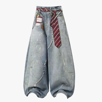 Tie Graphic Print Vintage Wash Wide Leg Denim Jeans