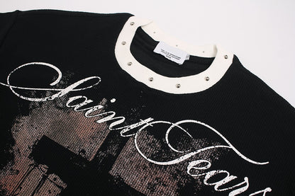 Gothic Cross Print Studded Collar Waffle Knit Graphic T-Shirt