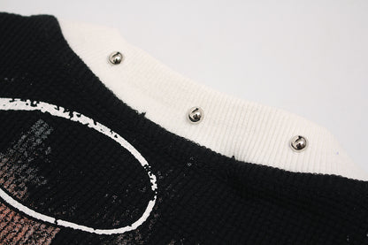 Gothic Cross Print Studded Collar Waffle Knit Graphic T-Shirt