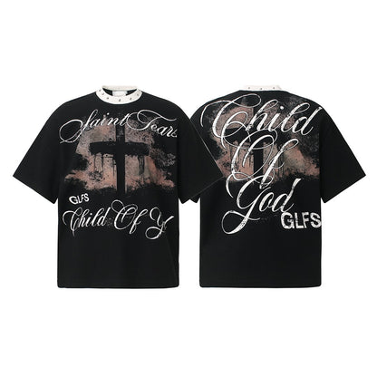 Gothic Cross Print Studded Collar Waffle Knit Graphic T-Shirt