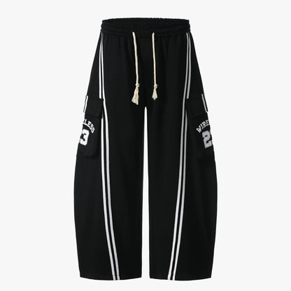 Cotton Web Stitching Letter Print Drawstring Barrel Pants