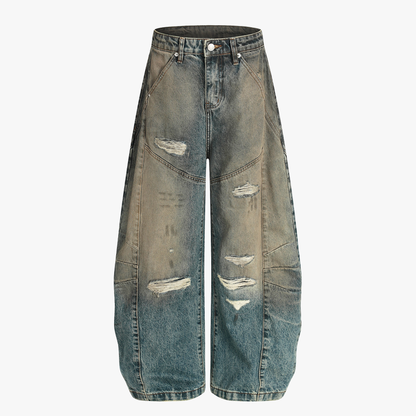 Vintage Mud-Dyed Distressed Barrel Jeans