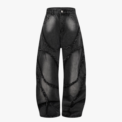Washed Distressed Raw Edge Barrel Jeans