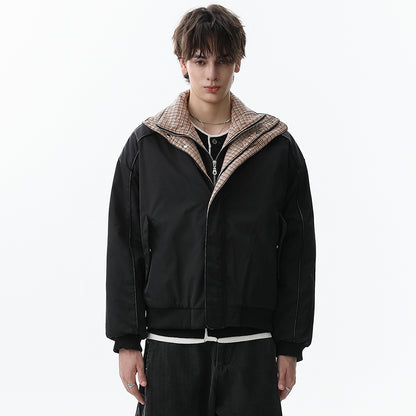 Plaid-Lined Patch| Stand Collar Jacket