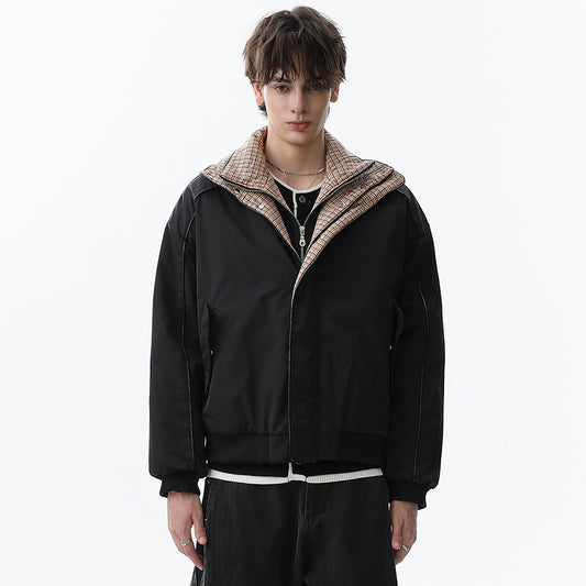 Plaid-Lined Patch| Stand Collar Jacket