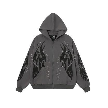 Flame Rhinestone | Y2K Zip-Up Hoodie - Santo 