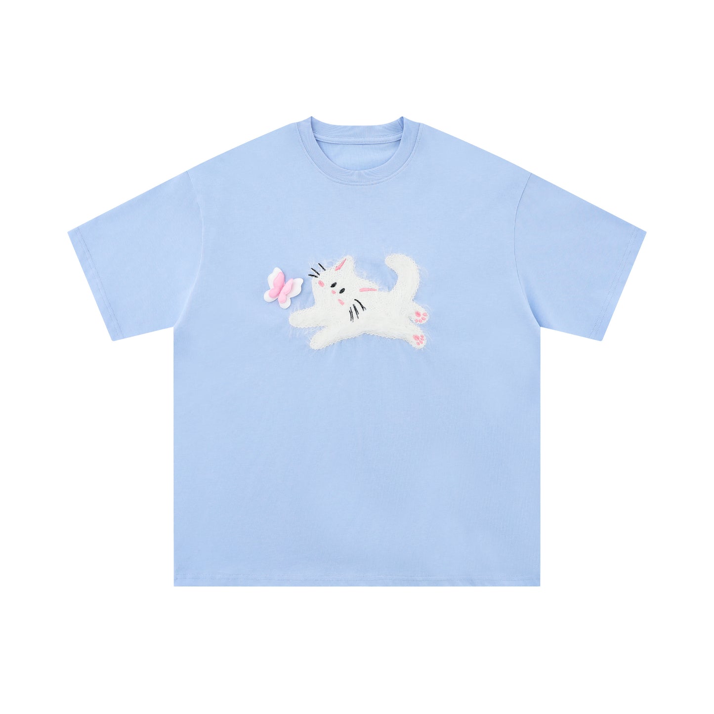 Fuzzy Cat | Embroidered Playful Tee - Santo 