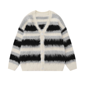 Furry Line | Striped Button-Up Fluffy Cardigan