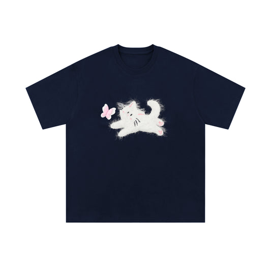 Fuzzy Cat | Embroidered Playful Tee - Santo 