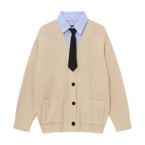 Prep Layer | Knit Cardigan with Shirt & Tie Detail